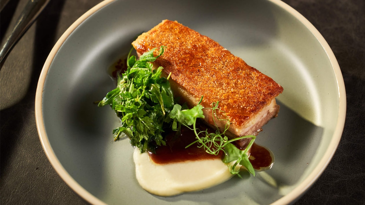 Crispy Pork Crackling with Apple Gremolata and Raspberry Split Jus – - Recipe