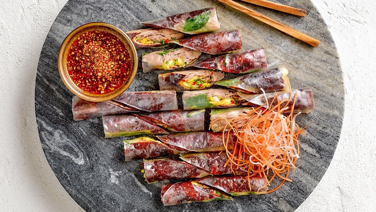 Roasted Duck Rice Paper Roll with Tamarind Honey Dressing – - Recipe