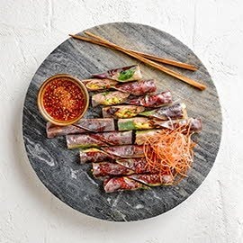 Roasted Duck Rice Paper Roll with Tamarind Honey Dressing