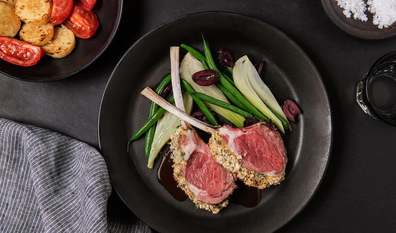Mustard and Herb Crusted Rack of Lamb with Roasted Vegetables – - Recipe
