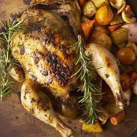 Roast Chicken with Roasted Medley Root Vegetables and Creamy Tom Yam Gravy