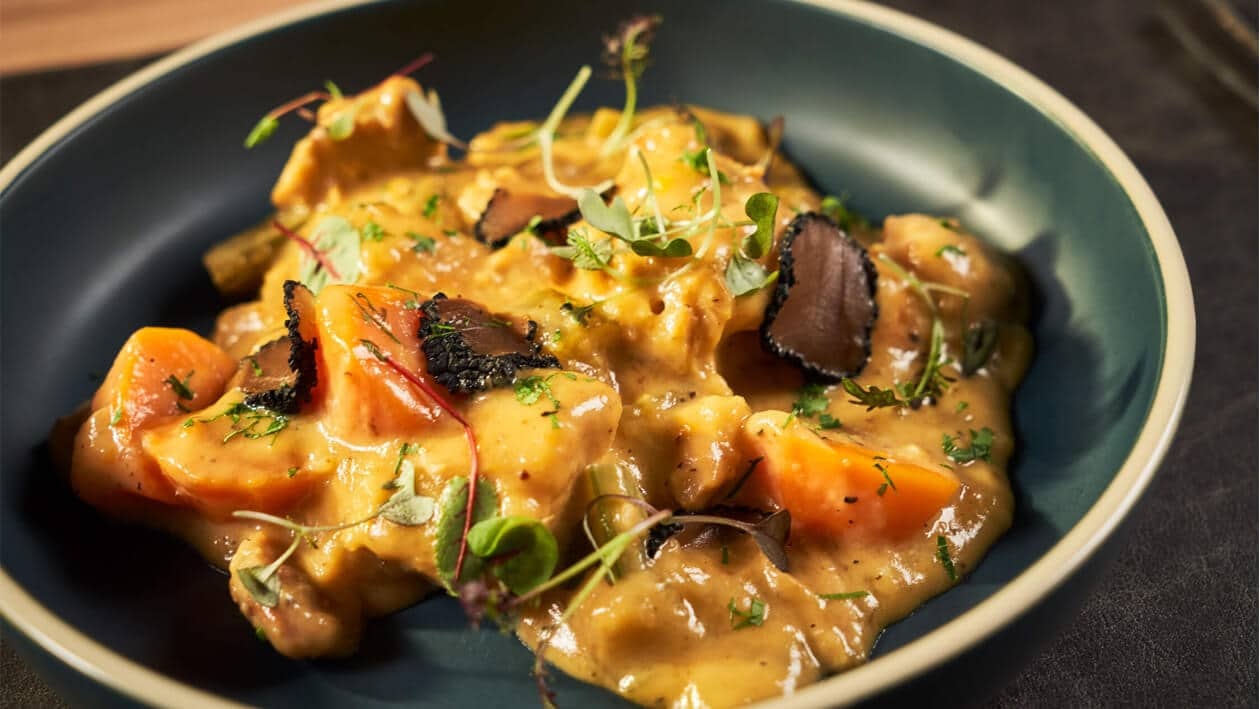 Chicken and Truffle Cheddar Fricassee with Root Vegetables – - Recipe