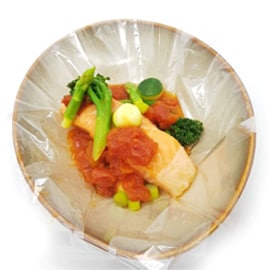 Slow Cooked Salmon with Herb Tomato Sauce, Medley of Vegetables