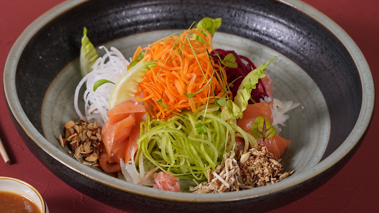 Smoked Salmon Yu Sheng with Assam Miso Sauce – - Recipe