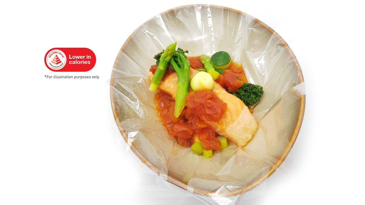 Slow Cooked Salmon with Herb Tomato Sauce, Medley of Vegetables Slow Cooked Salmon with Herb Tomato Sauce, Medley of Vegetables