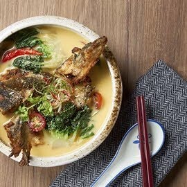 Fried Salmon Belly, Head in a Salted Egg Yolk & Coconut Soup