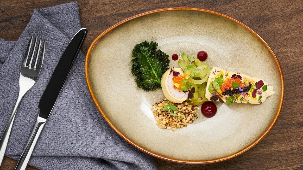 Lobster Coated with Salted Egg Jelly, Trout Roe, Pickled Apple and Celery and Puffed Quinoa – - Recipe