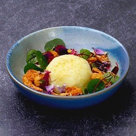 Mashed Potato Dome with Hot Laksa Lava and Salted Egg Prawn
