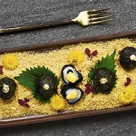 Squid Ink Salted Egg Lychee Fritters