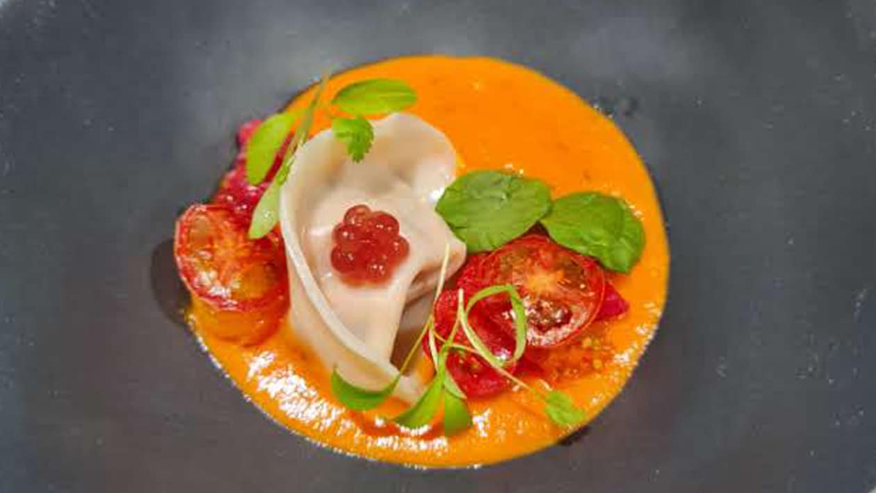 Creamy Tomato Veloute Soup with Crabmeat Ravioli, Raspberries and Capers – - Recipe Creamy Tomato Veloute Soup with Crabmeat Ravioli, Raspberries and Capers – - Recipe