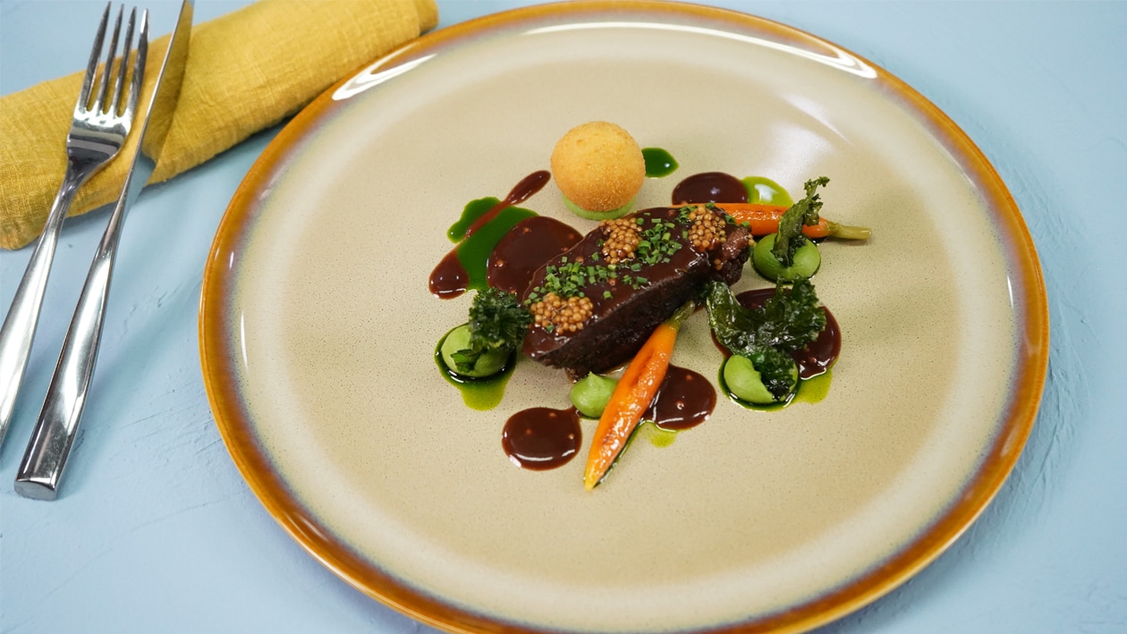 Braised Beef Cheek with Yellow Mustard Jus, Glazed Baby Carrots and Crispy Kale – - Recipe Braised Beef Cheek with Yellow Mustard Jus, Glazed Baby Carrots and Crispy Kale – - Recipe