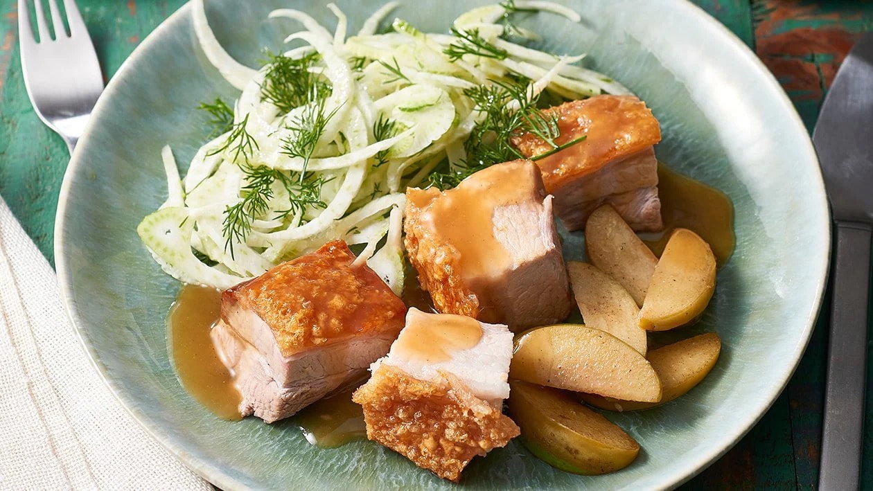 Crackling Pork Belly with Sauteed Apples and Apple Cider Gravy – - Recipe