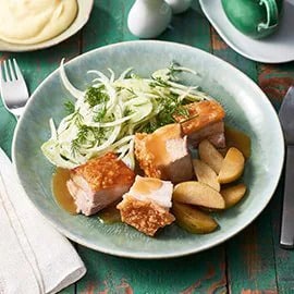 Crackling Pork Belly with Sauteed Apples and Apple Cider Gravy