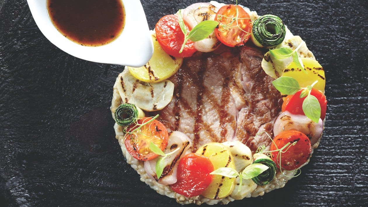 Veal Ribeye with Grilled Vegetables and Black Garlic Sauce – - Recipe Veal Ribeye with Grilled Vegetables and Black Garlic Sauce – - Recipe