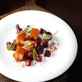 Pan Fried Pork Belly with Beetroot and Honey Raspberry Sauce