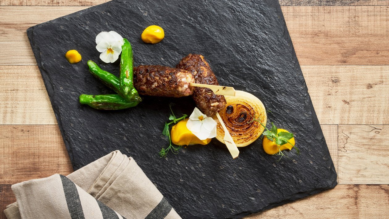 Beef Tsukune, with Salted Yolk Pumpkin Sauce, Grilled Onion, Shishito – - Recipe Beef Tsukune, with Salted Yolk Pumpkin Sauce, Grilled Onion, Shishito – - Recipe
