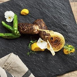 Beef Tsukune, with Salted Yolk Pumpkin Sauce, Grilled Onion, Shishito