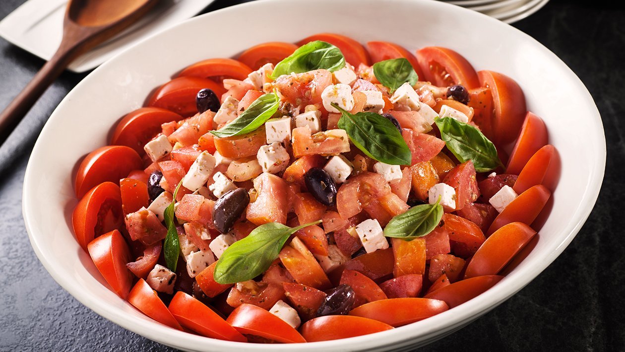 Tomato and Feta Salad with Basil Vinaigrette – - Recipe