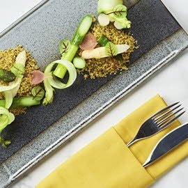 Green and White Asparagus, Nori Salted Yolk Crumble, Iberico Crisp