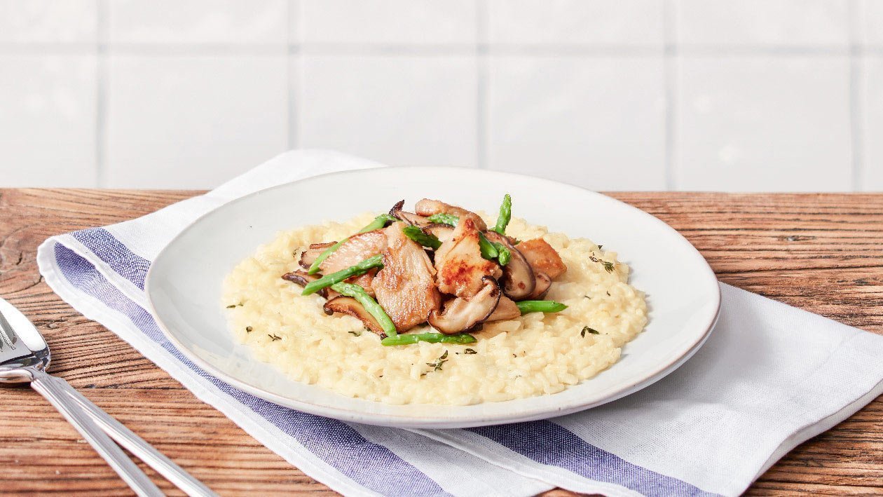 Risotto with NoChicken Chunks and Fresh Mushrooms – - Recipe