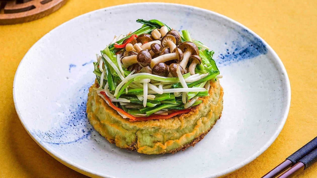 Wheatgrass Tofu with Royale Chives, Beansprout & Shimeji Mushroom – - Recipe