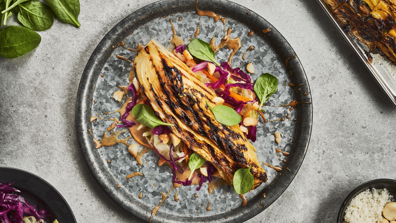 Charred Napa Cabbage with Pickled Cabbage Slaw and Shichimi Miso Ponzu Dressing – - Recipe