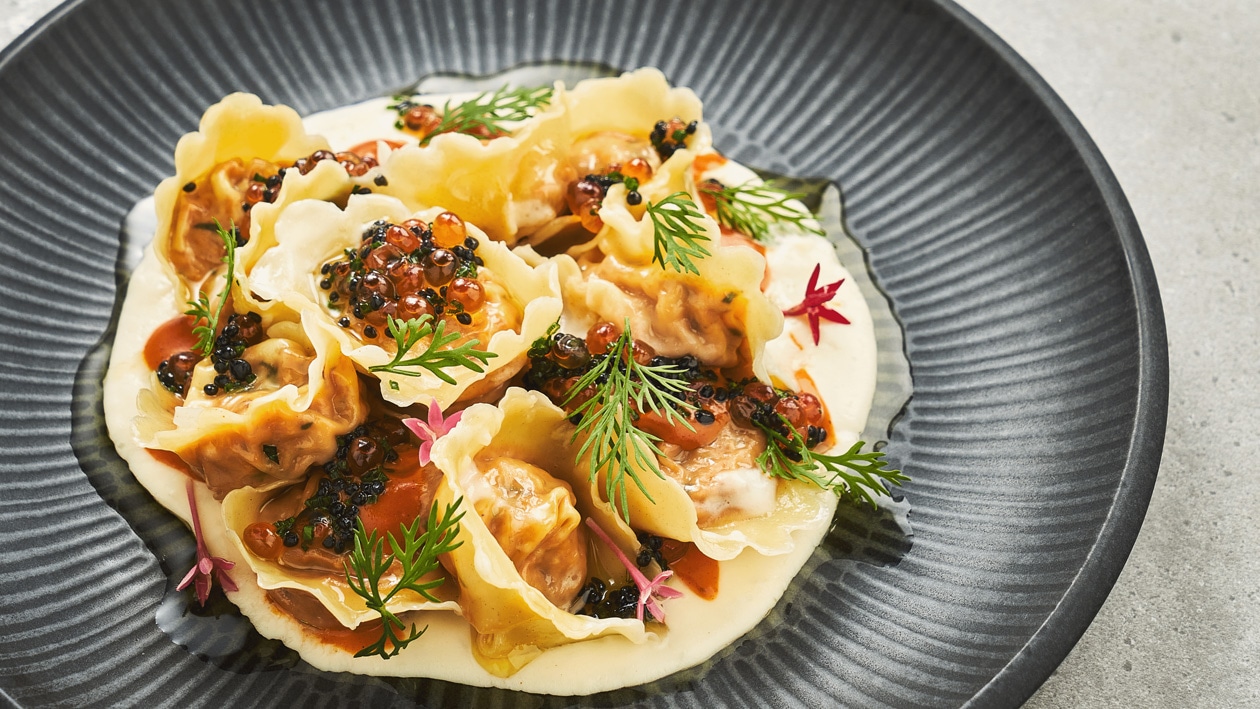 Charred Tomato Crab Remoulade Ravioli with Caviar and Beurre Blanc – - Recipe