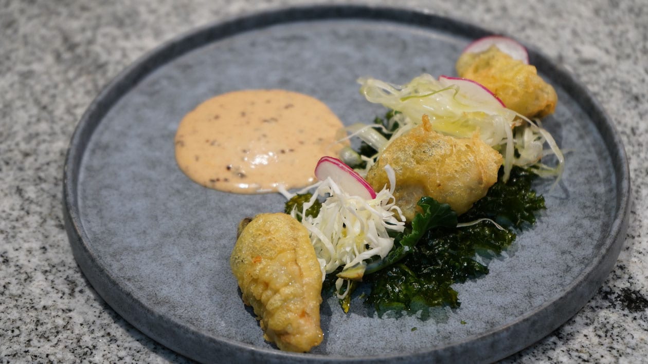 Tempura Oysters and Ice Plant Salad with Shio Kombu Dressing