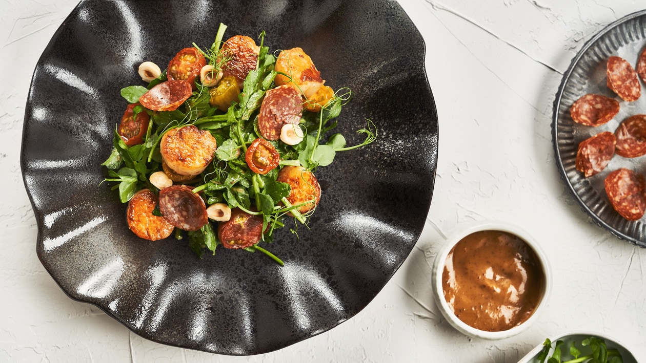 Pan Seared Scallops and Watercress Salad with Miso Ponzu Dressing