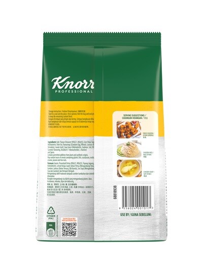 Knorr Chicken Flavoured Seasoning 1kg - An ideal seasoning for variety of dishes – whether it's soup, stir fry or others - a delectable umami taste, the Knorr Chicken Flavoured Seasoning helps you save time and labour cost in the kitchen.