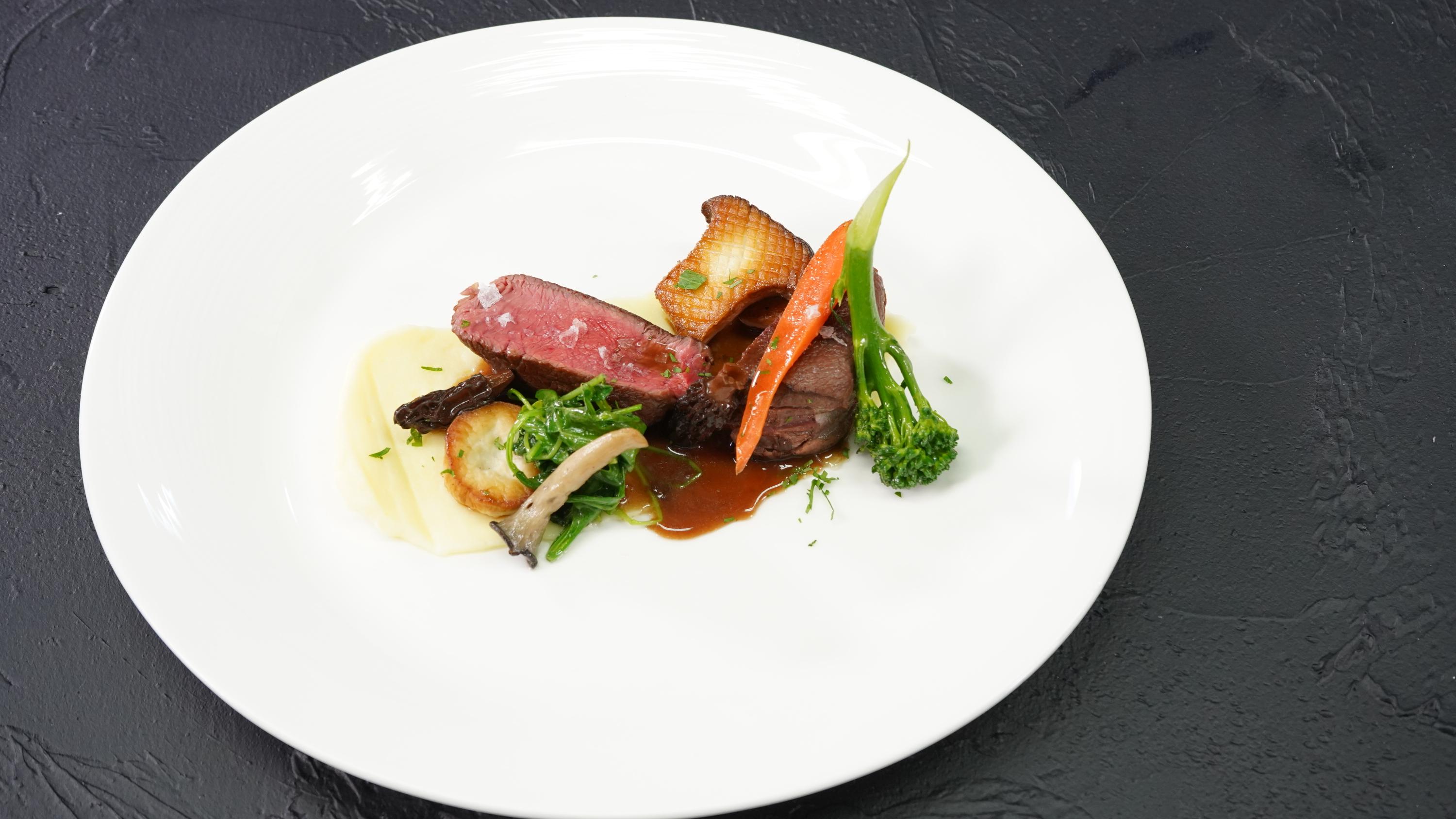 Roasted Beef Tenderloin with Spring Vegetables and Sherry Jus