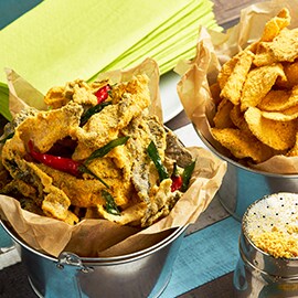 Starter: Assorted “Chips” with Salted Egg Sprinkles Starter: Assorted “Chips” with Salted Egg Sprinkles