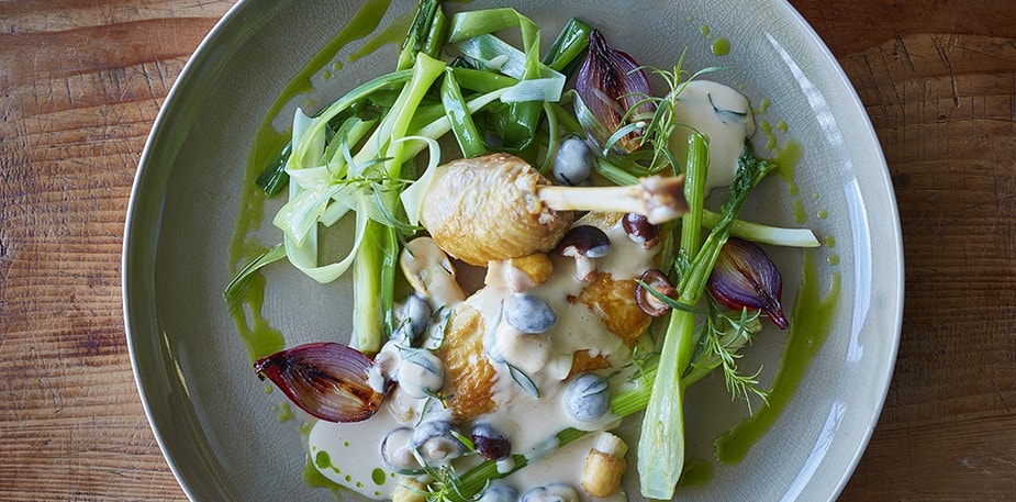Chicken with Creamy Mushroom Sauce and Leek Oil