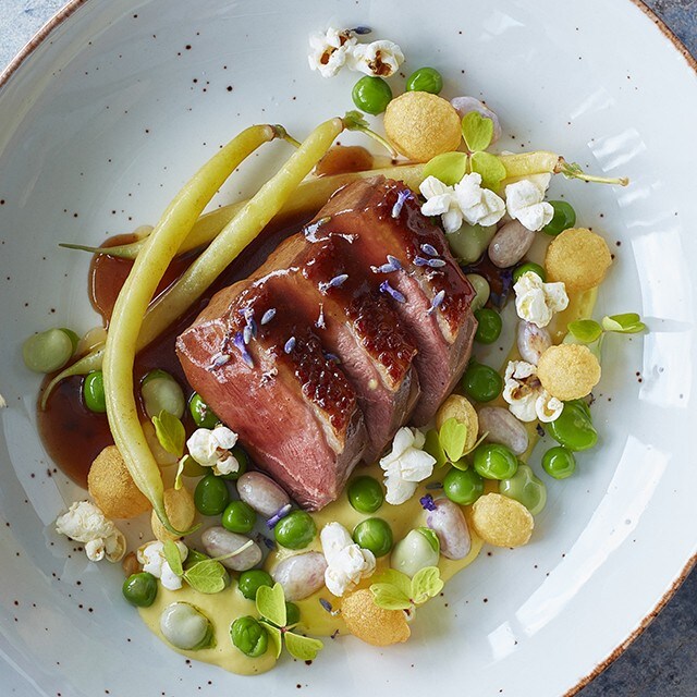 Glazed Duck with Honey, Lavender and Corn Cream