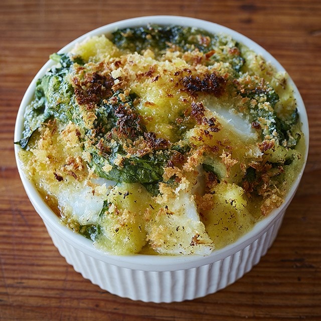 奶油烙鳕鱼配菠菜